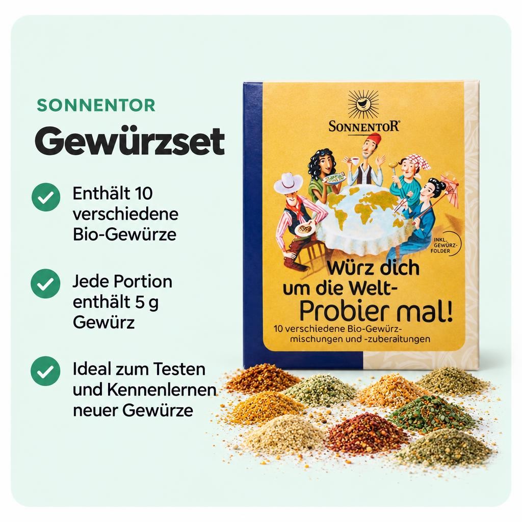 Entdecke zehn Bio-Gewürze in praktischen Probiergrößen für vielfältige Gerichte.