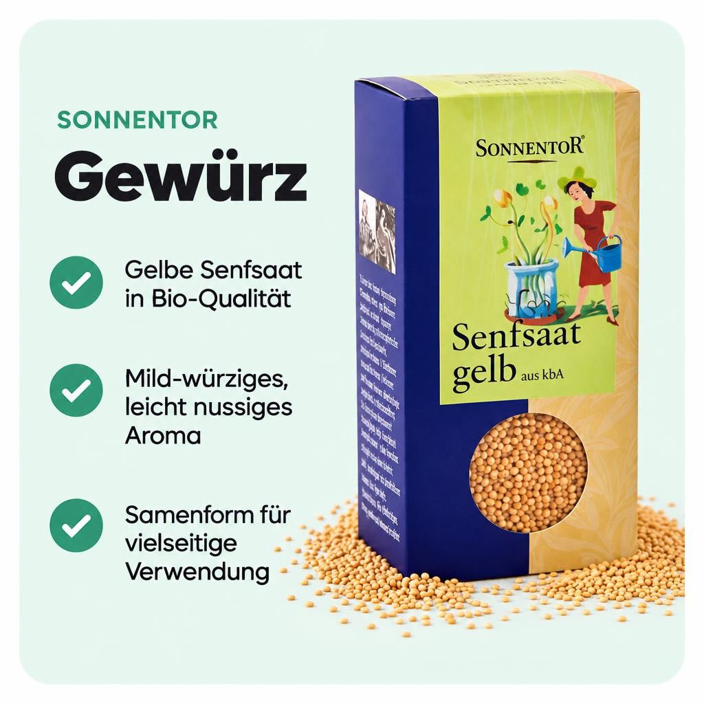 Gelbe Senfsaat von Sonnentor bringt milde Würze und aromatischen Geschmack in deine Küche.