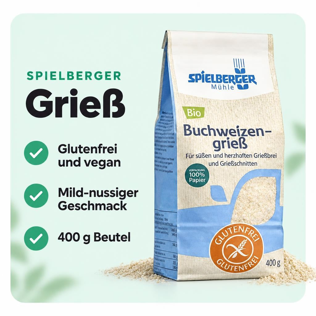Mild-nussiger Buchweizengrieß in Bio-Qualität – glutenfrei und vegan.