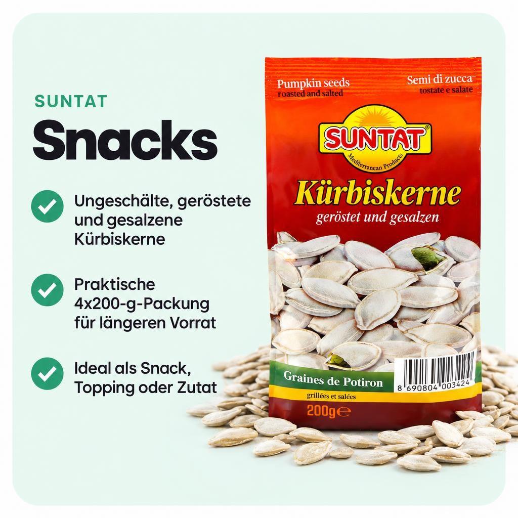 SUNTAT Kürbiskerne ungeschält geröstet & gesalzen (4x 200 g Packung) – Bild 2