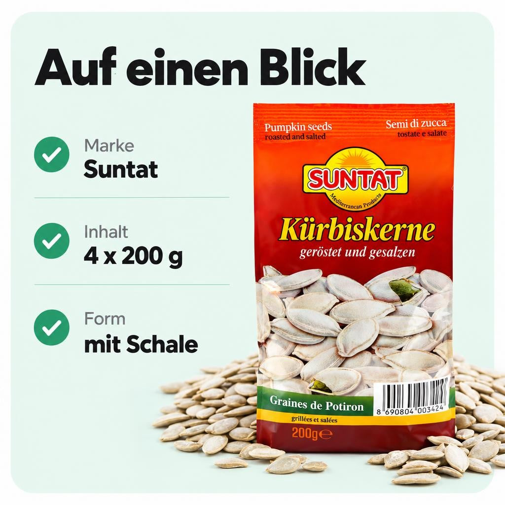 SUNTAT Kürbiskerne ungeschält geröstet & gesalzen (4x 200 g Packung) – Bild 3