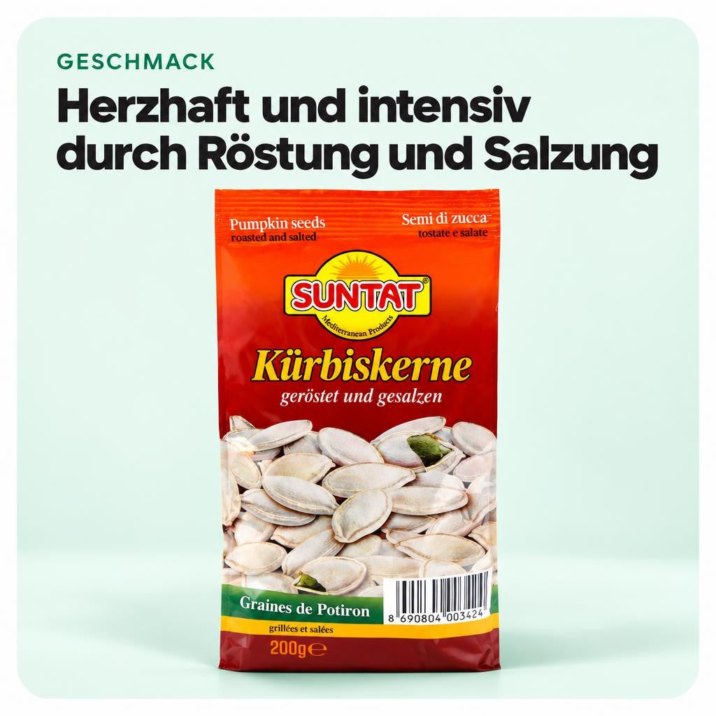SUNTAT Kürbiskerne ungeschält geröstet & gesalzen (4x 200 g Packung) – Bild 4