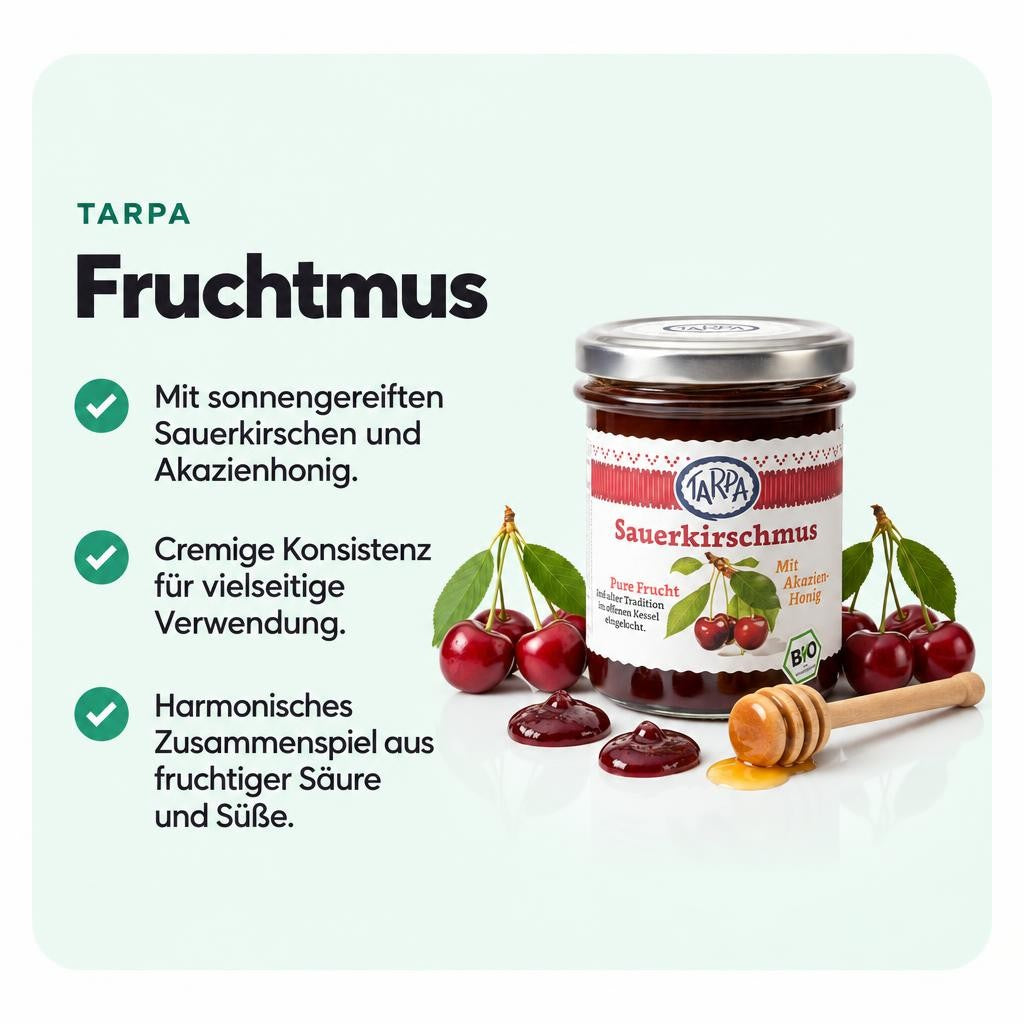 Fruchtig-aromatisches Bio-Sauerkirschmus mit milder Süße von Akazienhonig.