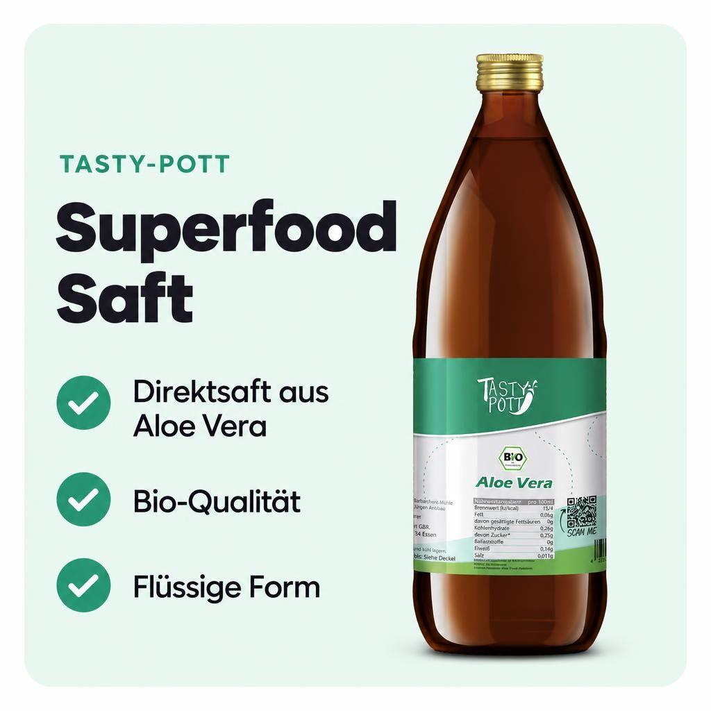 Bio Aloe Vera Direktsaft in der 1-Liter-Flasche von TASTY-POTT.