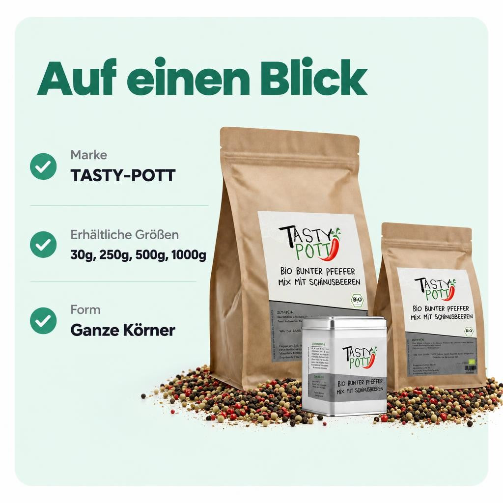 Bunter Pfeffer Mix mit Schinusbeeren für vielseitige Würze.