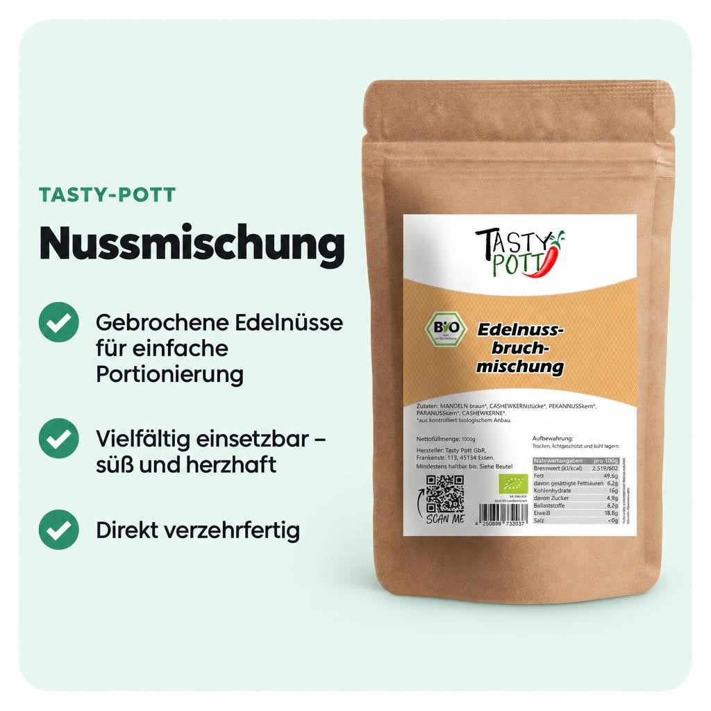 Gebrochene Edelnüsse im Beutel – vielseitig und direkt verzehrfertig.
