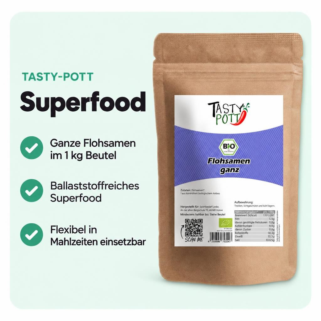 Tasty Pott Bio Flohsamen GANZ - 1kg Beutel – Bild 2