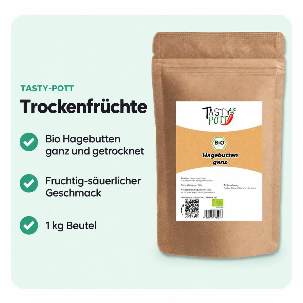 Bio Hagebutten ganz & getrocknet im 1 kg Beutel von TASTY-POTT.