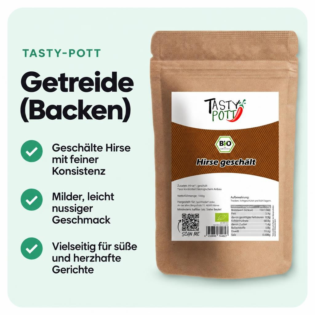 Geschälte Bio Hirse von Tasty Pott – feine Konsistenz und milder Geschmack.