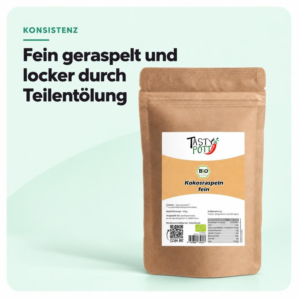 Tasty Pott Bio Kokosraspeln fein - teilentölt - 1kg im Beutel – Bild 4