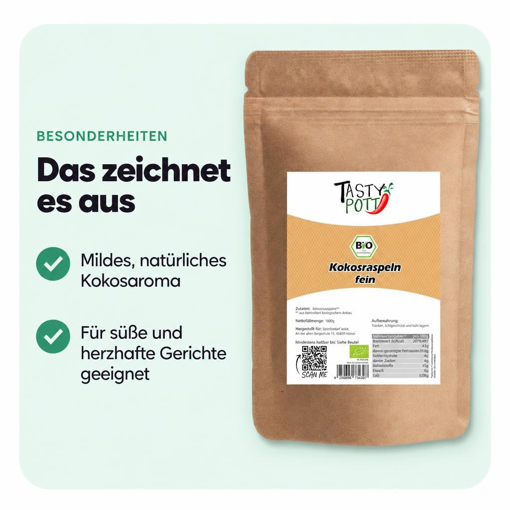 Tasty Pott Bio Kokosraspeln fein - teilentölt - 1kg im Beutel – Bild 5