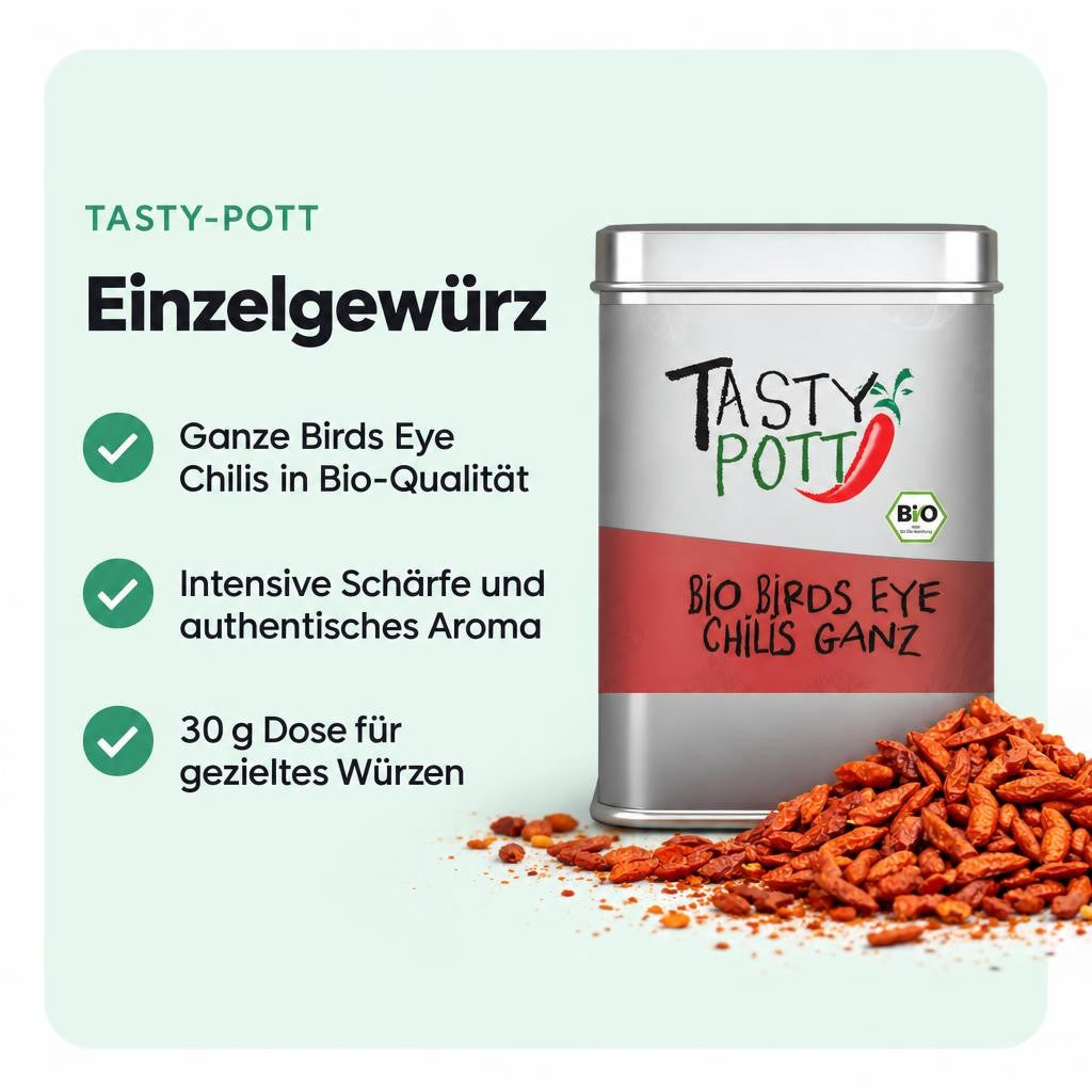 Ganze Bio Birds Eye Chilis bringen intensive Schärfe in deine Gerichte.