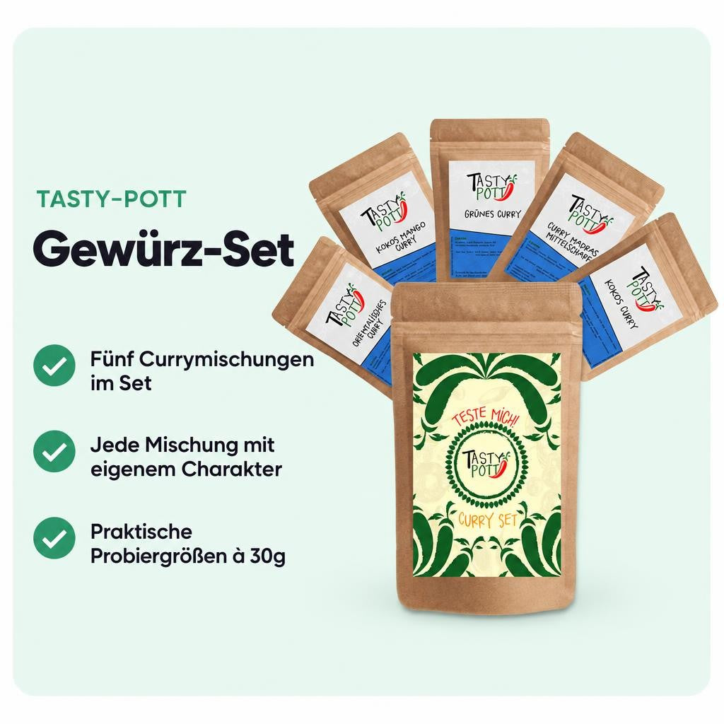 Fünf verschiedene Currymischungen in Probiergrößen à 30g entdecken.