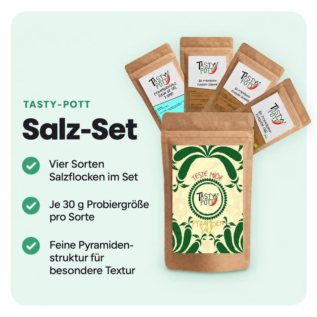 Vier verschiedene Salzflocken in Probiergrößen für besondere Genussmomente.