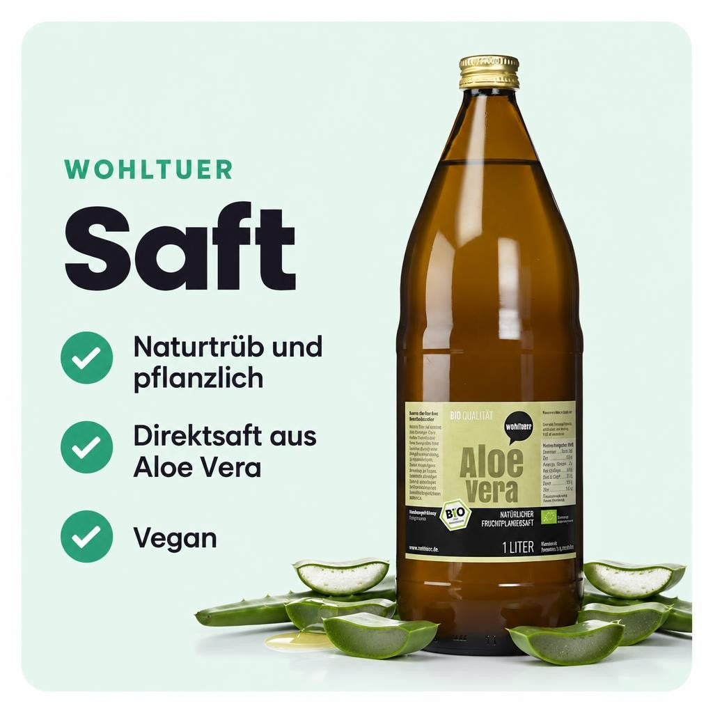 Naturtrüber Aloe Vera Frischpflanzensaft von Wohltuer in Bio-Qualität.
