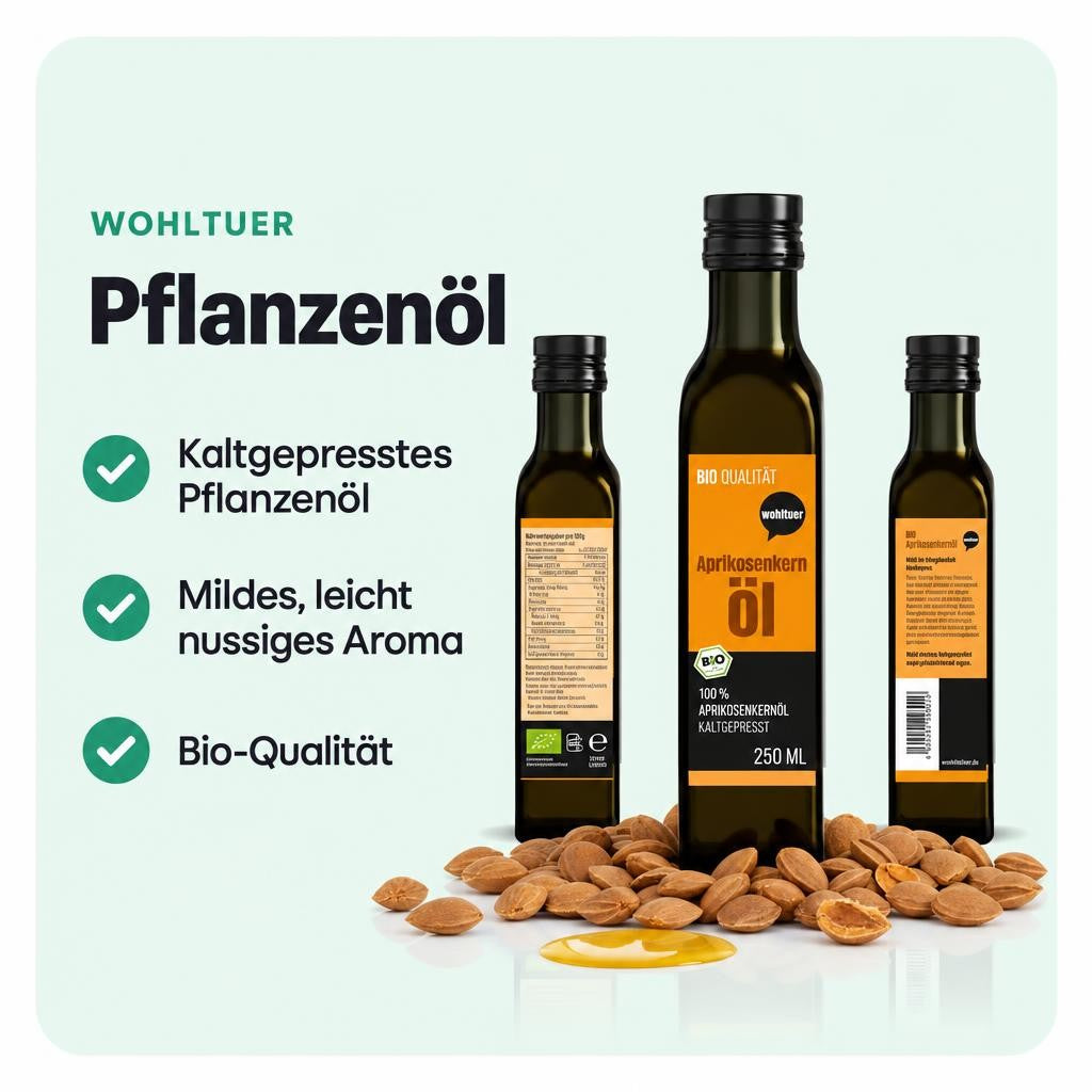 Bio Aprikosenkernöl mit mildem Aroma, kaltgepresst.
