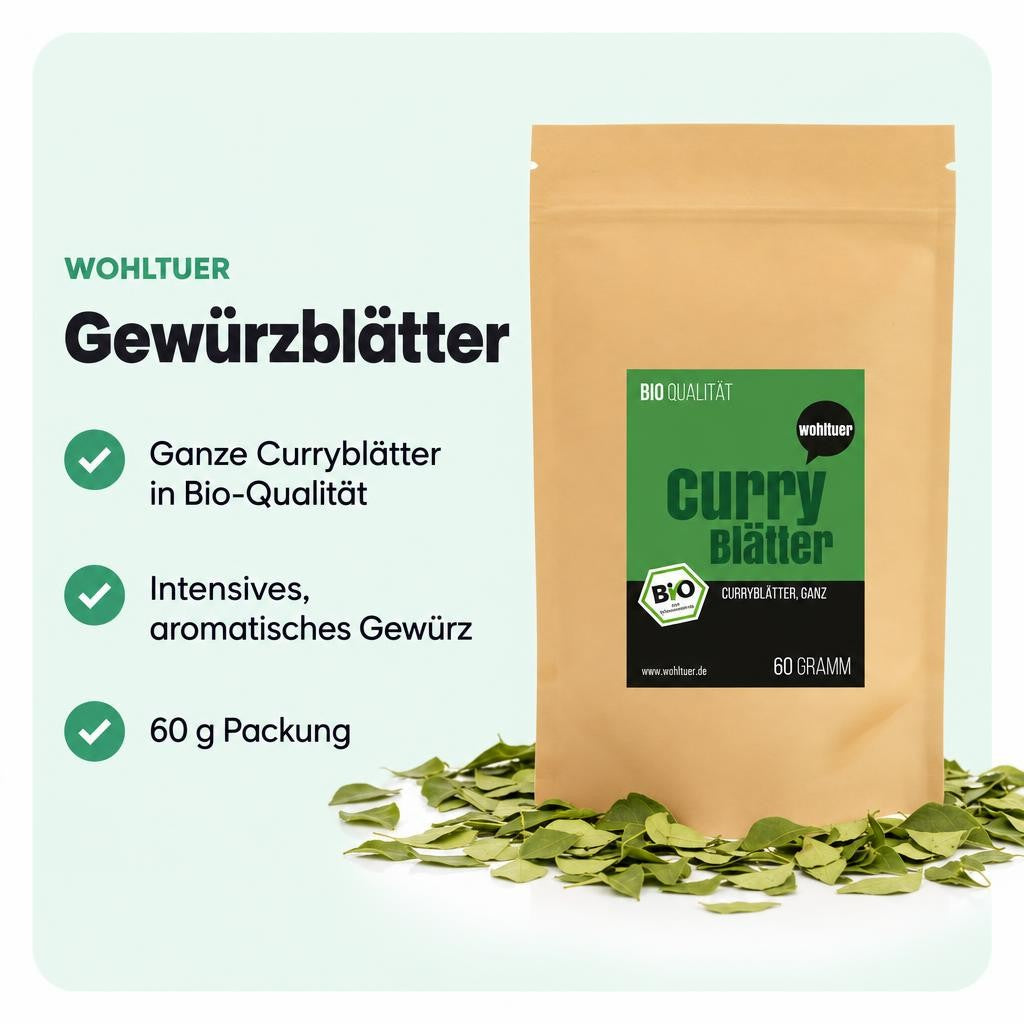 Aromatische Bio Curryblätter in ganzer Form für vielfältige Gerichte.