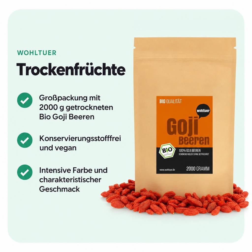 Bio Goji Beeren von Wohltuer im 2000 g Beutel – vielseitig verwendbar.