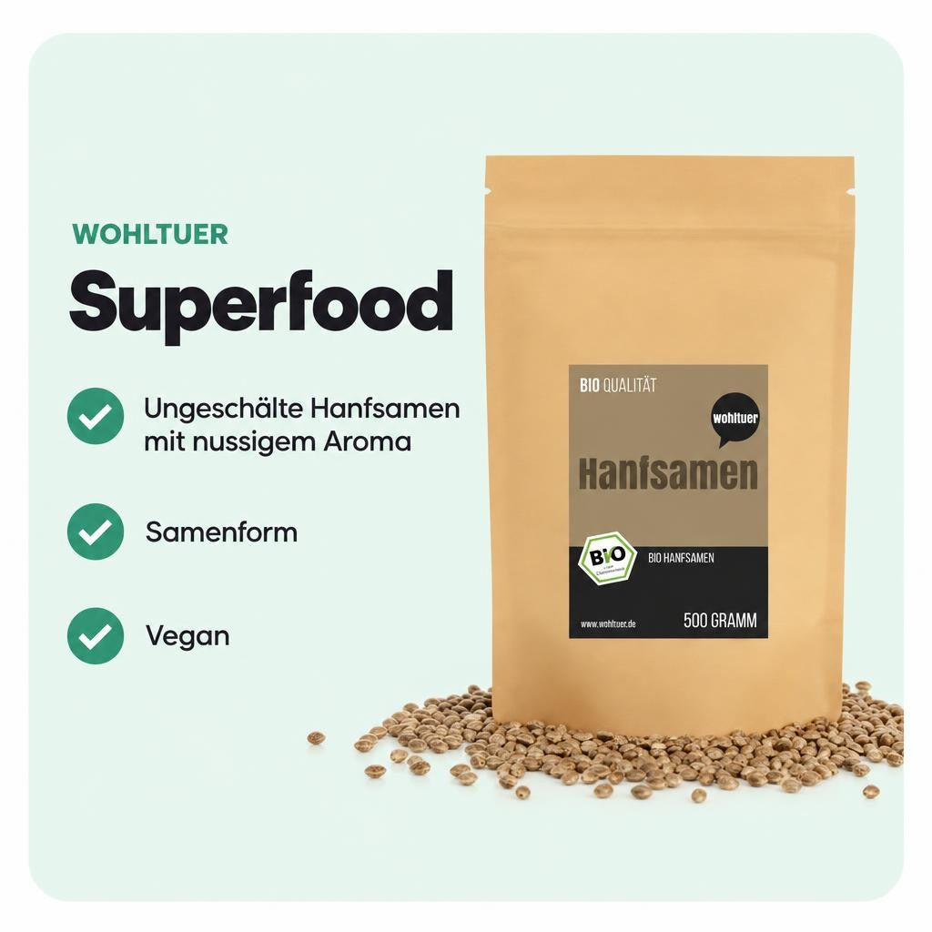 Ungeschälte Bio Hanfsamen mit nussigem Aroma in der 1000 g Vorratspackung.