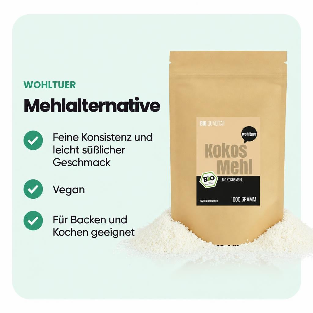 Feines Kokosmehl mit leicht süßlicher Note für Backrezepte.