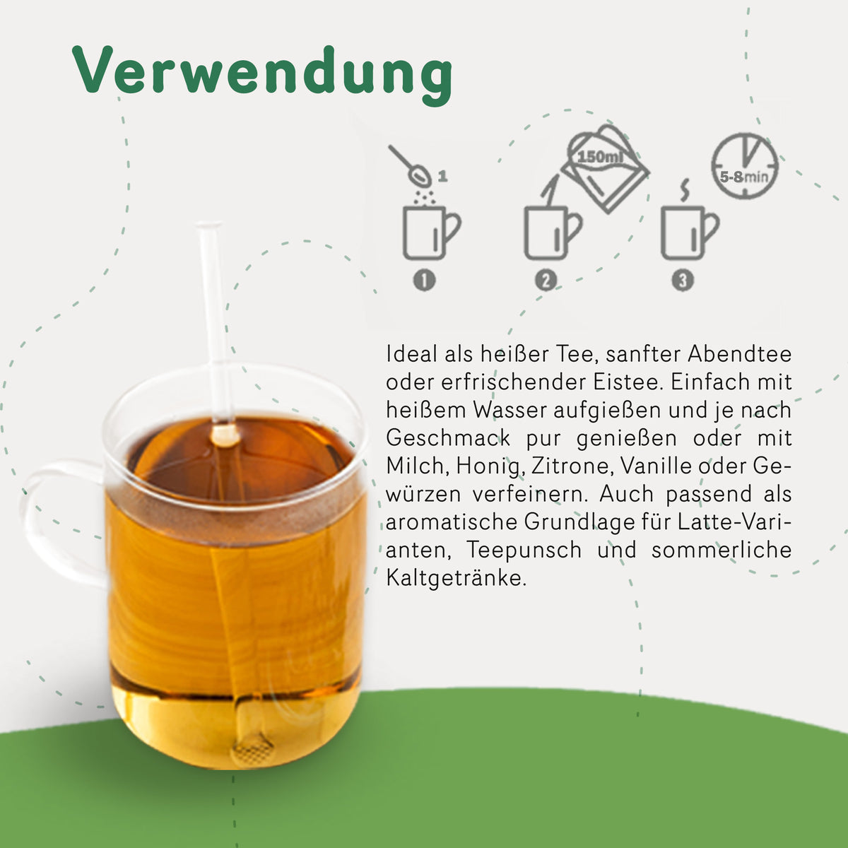 Glas mit aufgebrühtem rotbuschtee von Tasty Pott, daneben Zubereitungsempfehlung für rooibos Tee als Heiß- oder Kaltgetränk.