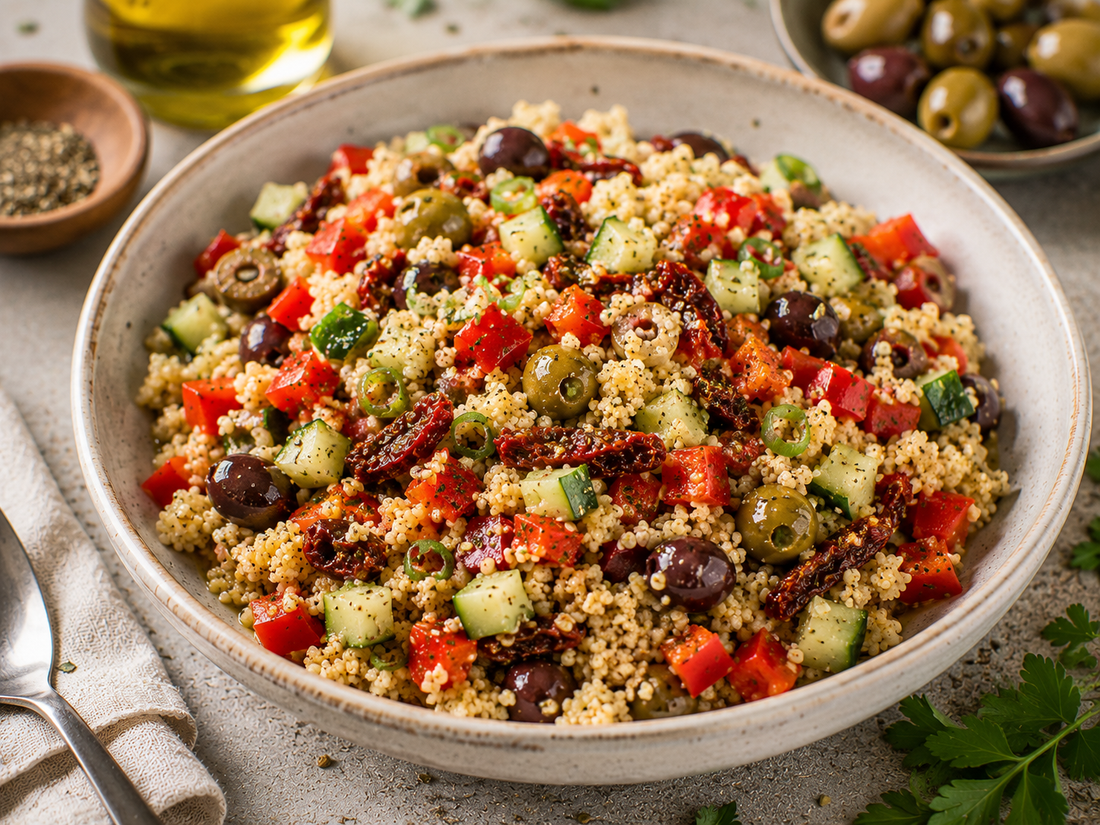 Mediterraner Hirse-Gemüse-Salat mit getrockneten Tomaten & Oliven