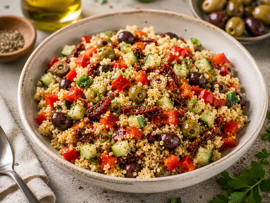 Mediterraner Hirse-Gemüse-Salat mit getrockneten Tomaten & Oliven