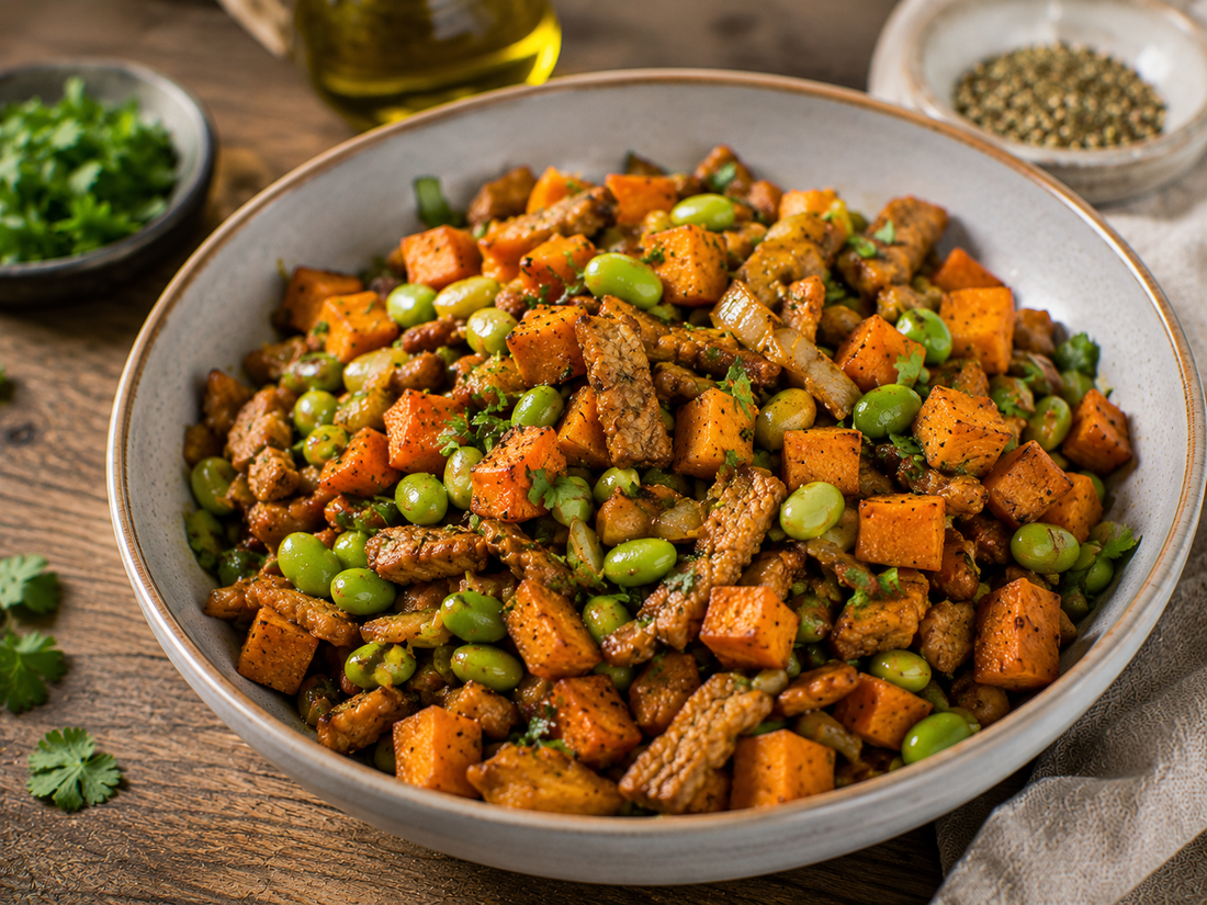 Vegane Proteinpfanne mit Süßkartoffel, Edamame & Soja-Geschnetzeltem