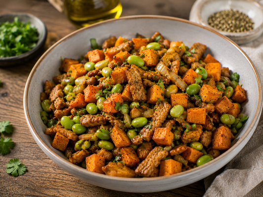 Vegane Proteinpfanne mit Süßkartoffel, Edamame & Soja-Geschnetzeltem