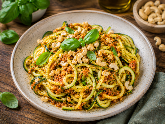 Zucchini-Nudeln mit Tomatenpesto & Cashew-Topping