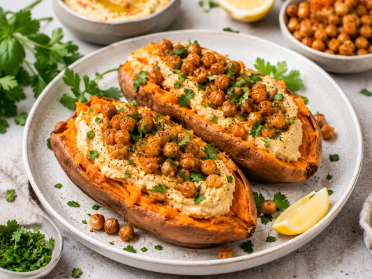 Gebackene Süßkartoffel mit Hummus & Kichererbsen Crunch