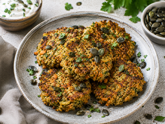 Knusprige Quinoa-Rösti mit Kürbiskernen & Gemüse