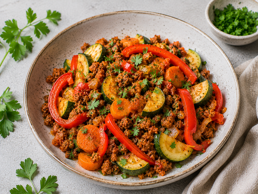 Proteinreiche Gemüsepfanne mit Sojageschnetzeltem & Paprika