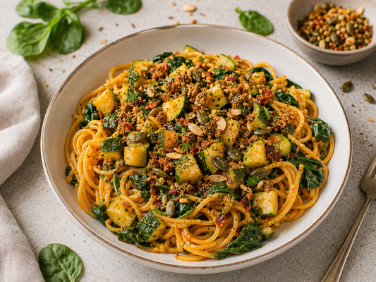 One-Pot Pasta mit Spinat, Zucchini & knusprigem Salattopping