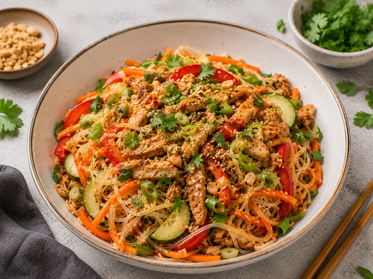Asiatischer Glasnudelsalat mit Erdnussdressing & Soja-Geschnetzeltem