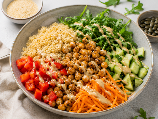 Protein-Bowl mit Hirse, Kichererbsen & cremigem Tahin-Dressing