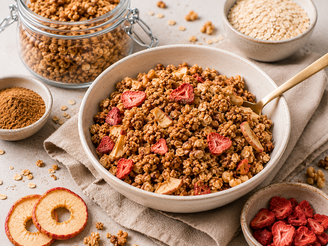 Hausgemachtes Ofen-Granola mit Erdbeeren, Apfelringen & Nüssen