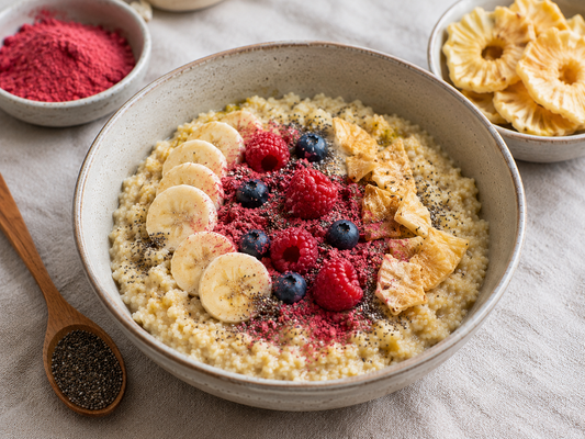 Cremige Hirse-Bowl mit Erdbeerpulver, Ananasringen & Chia