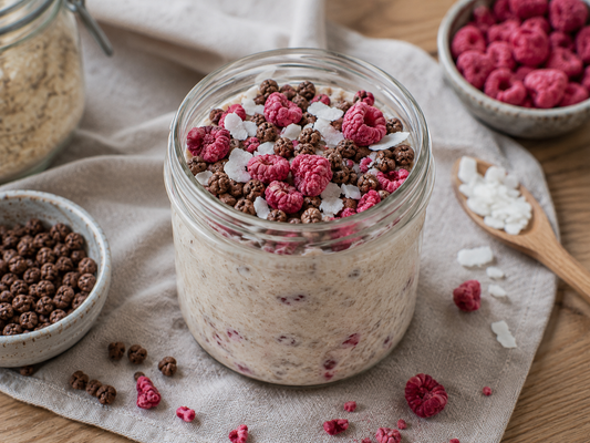 Vegane Overnight Oats mit Himbeeren, Kakao-Crispies & Kokos