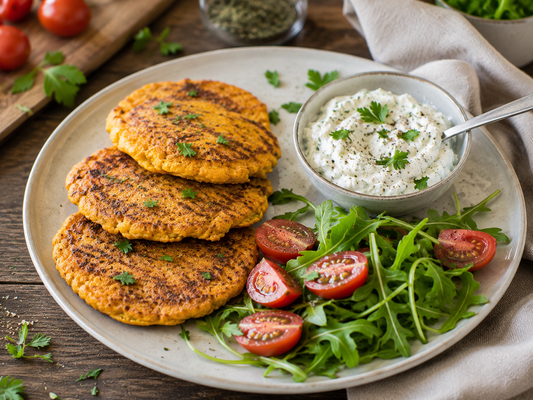 Herzhafte Kichererbsen-Pancakes mit Kräuterquark & Tomaten