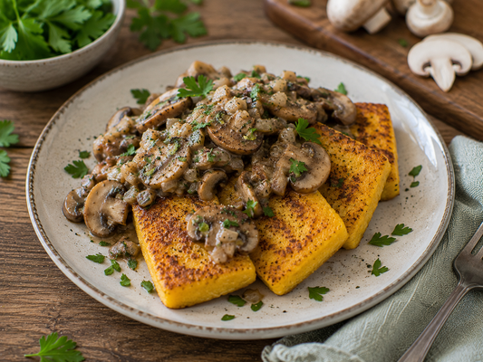 Cremige Polenta-Schnitten mit Pilzragout & Kräutern