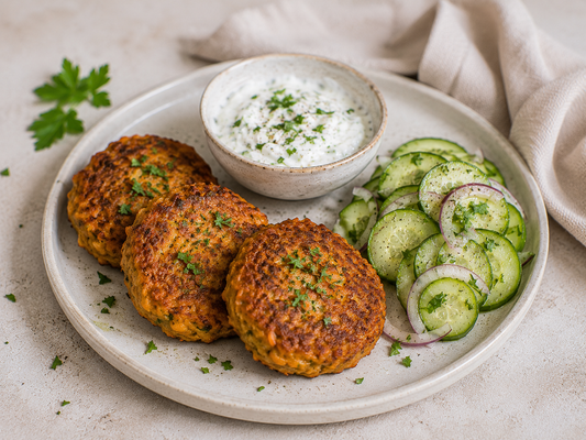 Herzhafte Süßlupinen-Bratlinge mit Joghurt-Dip & Gurkensalat