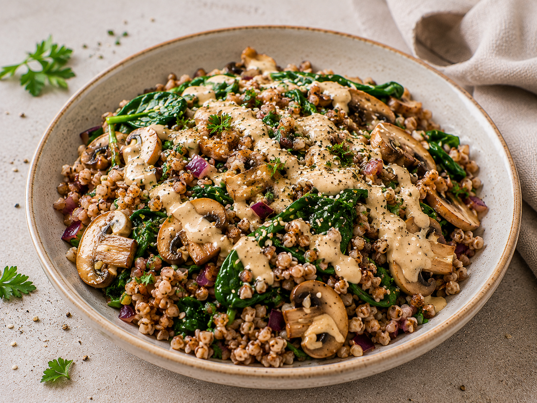 Herzhafte Buchweizen-Pfanne mit Pilzen, Spinat & Tahin-Zitronen-Dressing