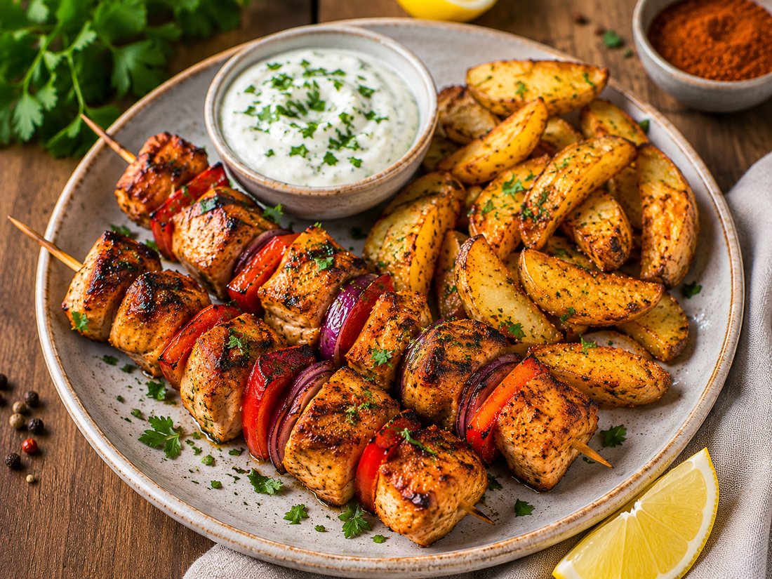 Gegrillte Hähnchen-Spieße mit Smoky BBQ Marinade & Ofenkartoffeln