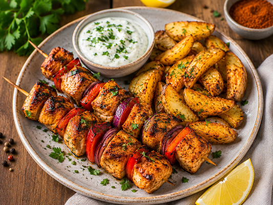 Gegrillte Hähnchen-Spieße mit Smoky BBQ Marinade & Ofenkartoffeln