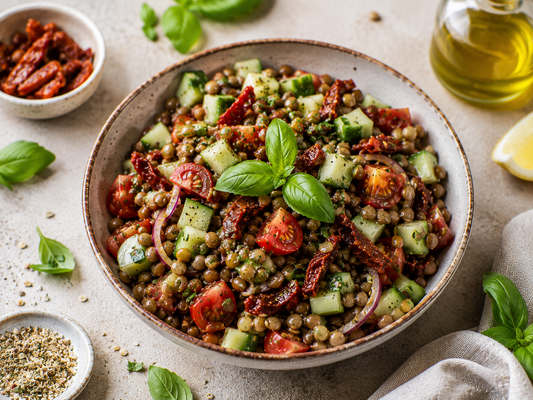 Mediterraner Linsensalat mit getrockneten Tomaten & Basilikum