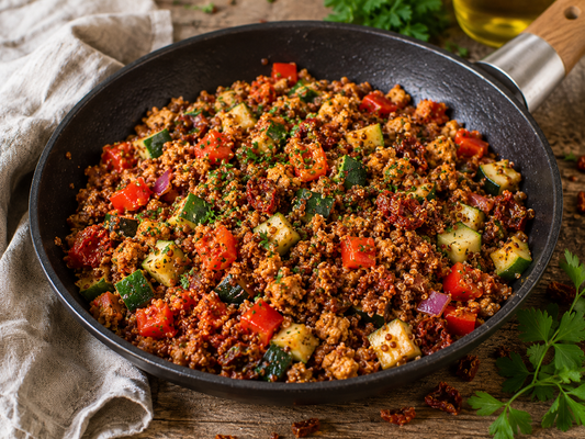 Herzhafte Quinoa-Gemüse-Pfanne mit getrockneten Tomaten & Sojagranulat