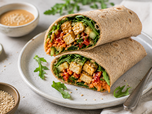 Vollkornwraps mit Erdnuss-Tofu, Gemüse & Sesam