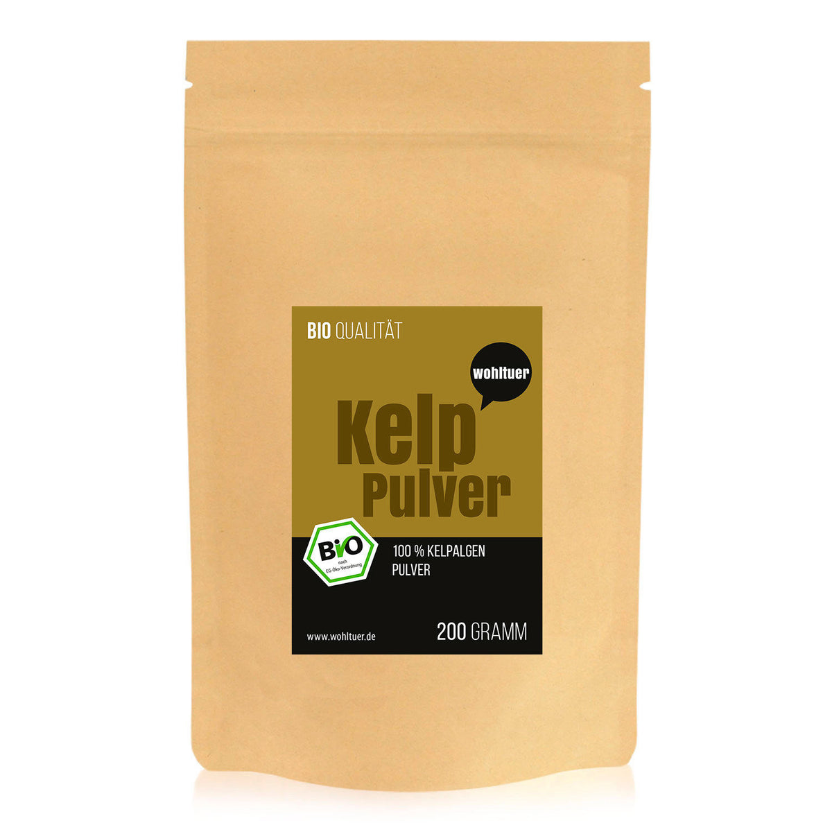Brauner Standbeutel Wohltuer Bio Kelp Algenpulver 200g, frontal vor weißem Hintergrund, das Etikett mit Produktdetails ist gut lesbar.