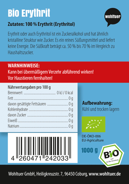 Wohltuer Bio Erythrit Süßmittel  - 1000g